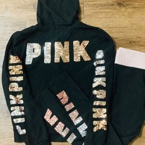 VS PINK OMBRÉ BLING HOODIE / BLING YOGA PANTS OUTFIT SET S